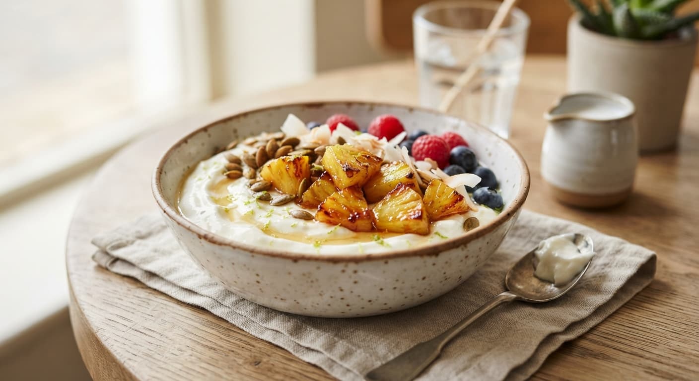 Tropical Coconut Yogurt Bowl with Caramelized Pineapple and Toasted Pumpkin Seeds
