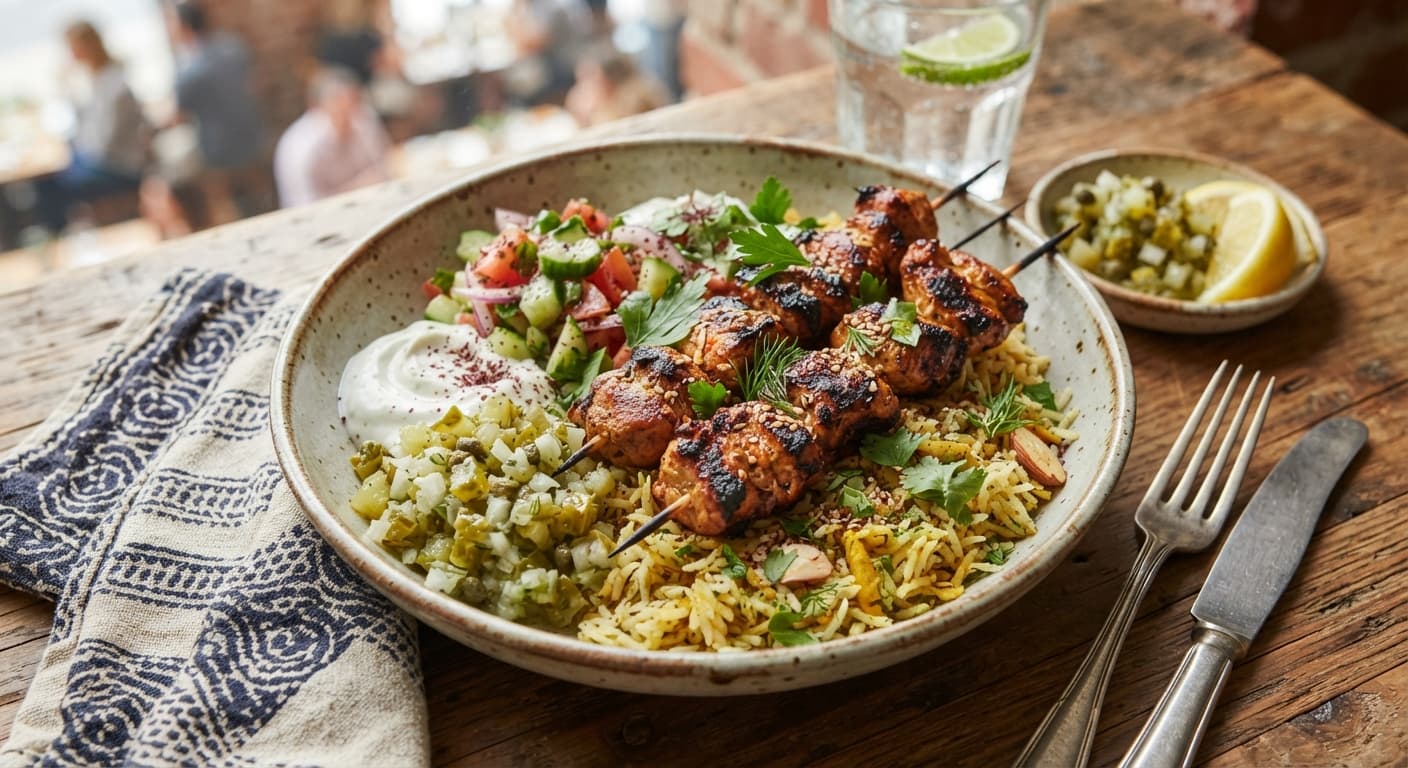 Turkey Kebab Rice Bowl with Pickle Relish