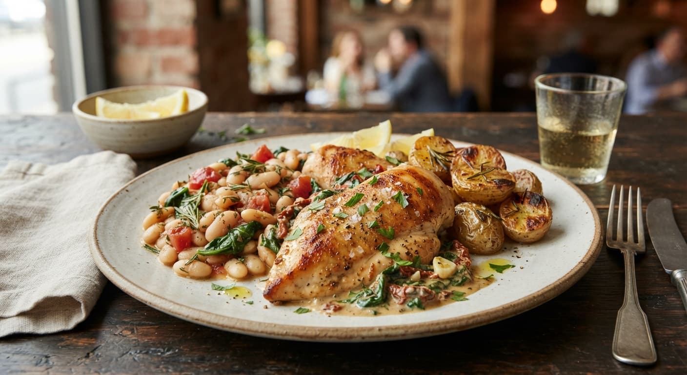 Tuscan Chicken with White Beans and Roasted Potatoes