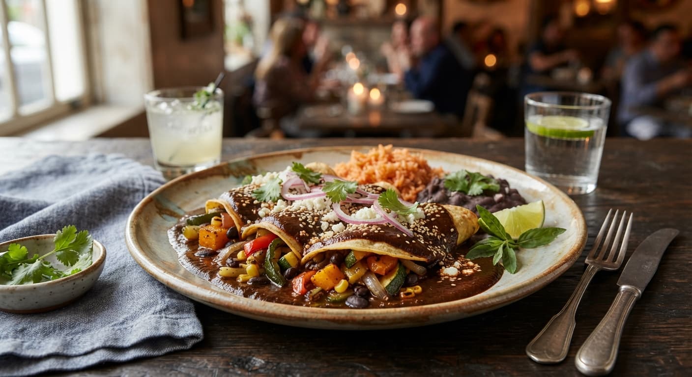 Vegetarian Mole Poblano with Roasted Vegetable Enchiladas