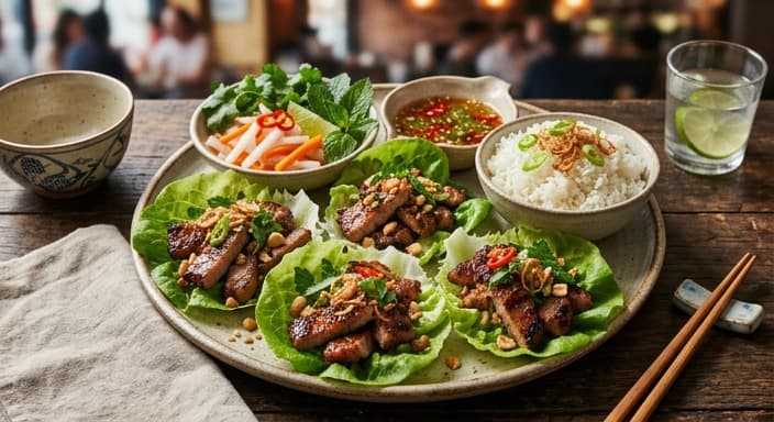 Vietnamese Lemongrass-Style Pork Lettuce Wraps with Pickle Crunch & Rice