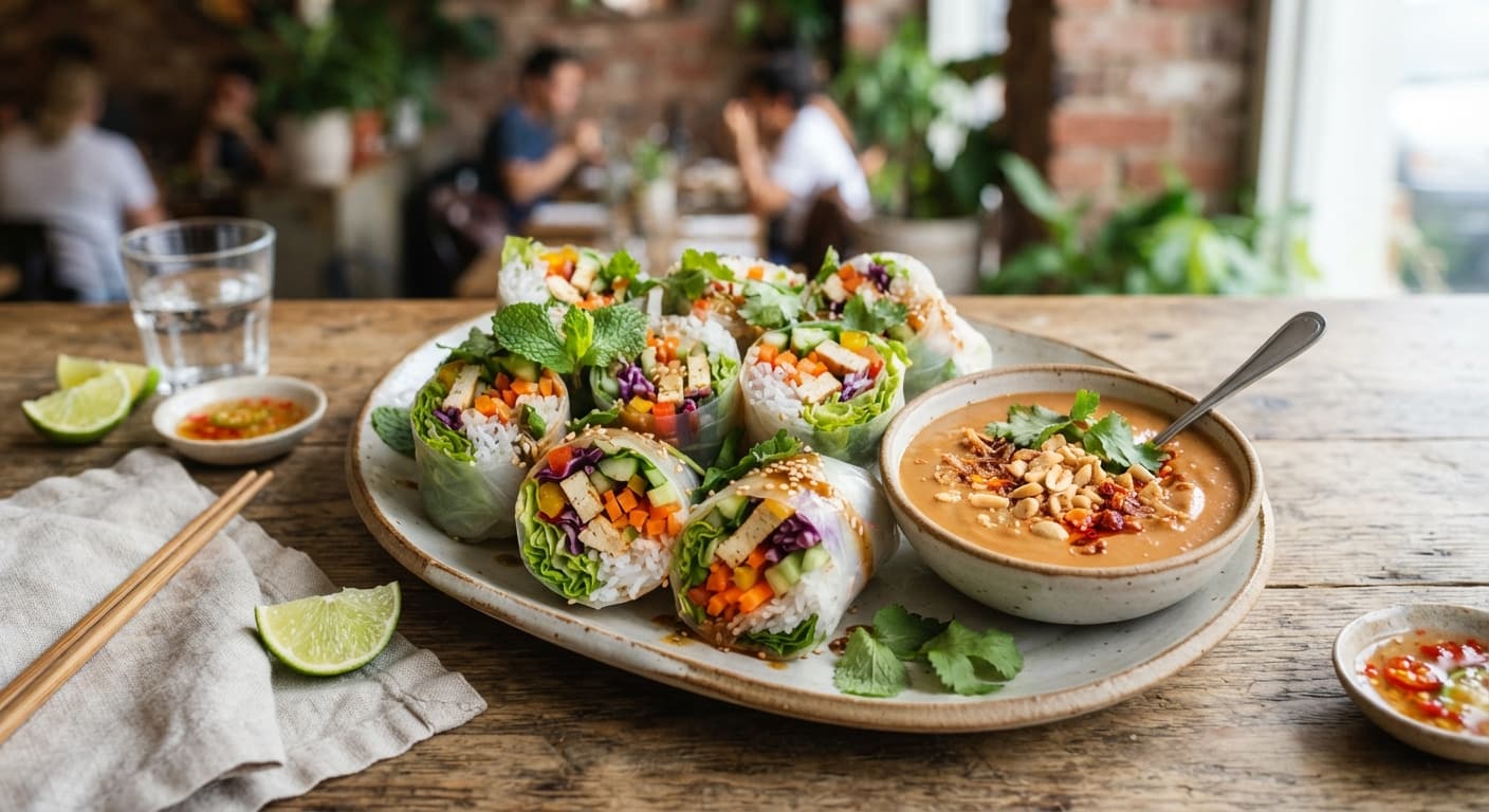 Vietnamese‑Style Veggie Spring Rolls with Peanut Dipping Sauce