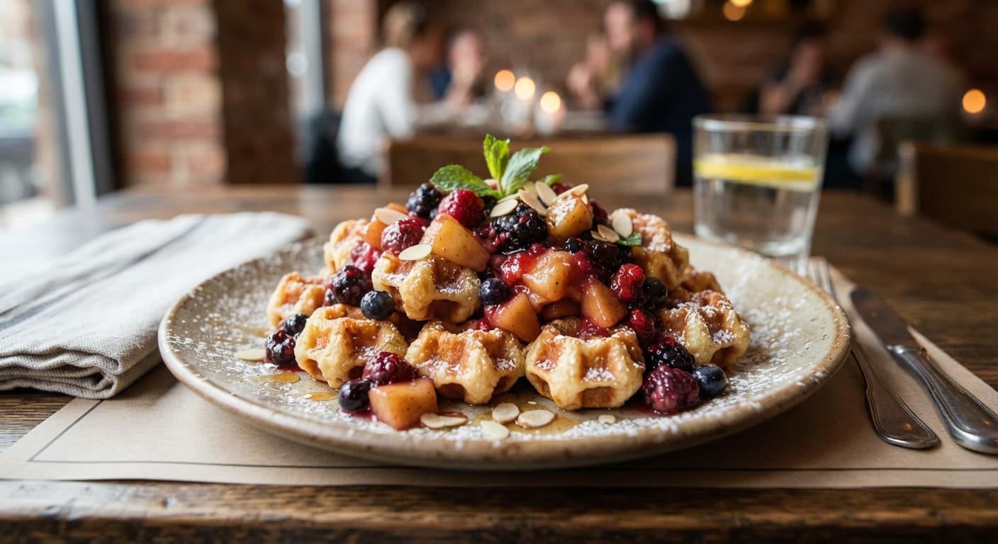 Waffle Bites with Warm Berry-Apple Compote