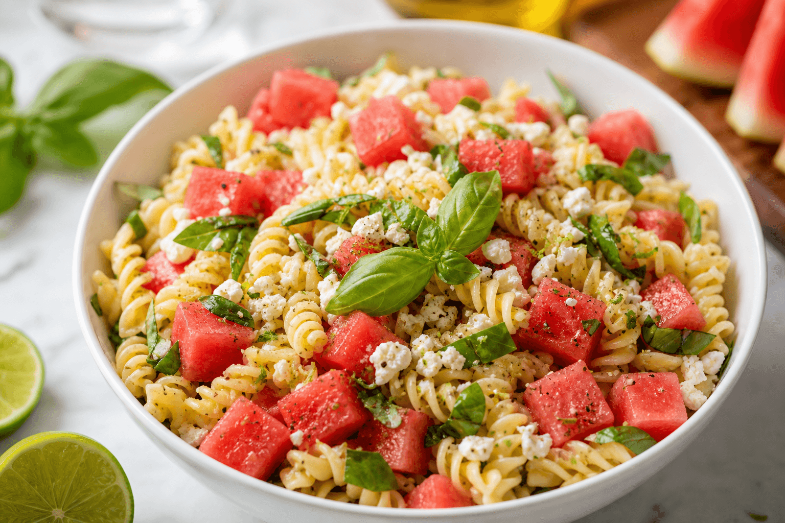 Watermelon Basil Lime Pasta Salad