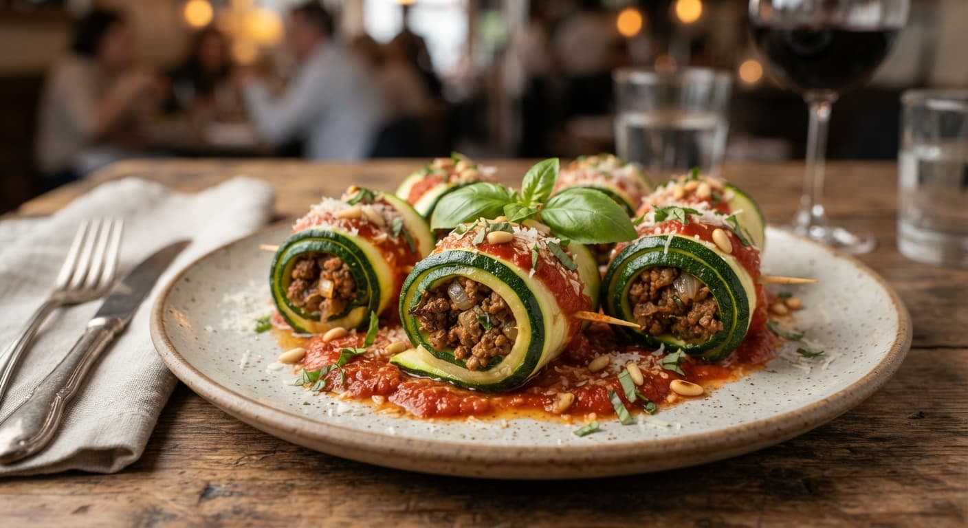 Zucchini Ribbon Rolls with Spicy Beef Filling