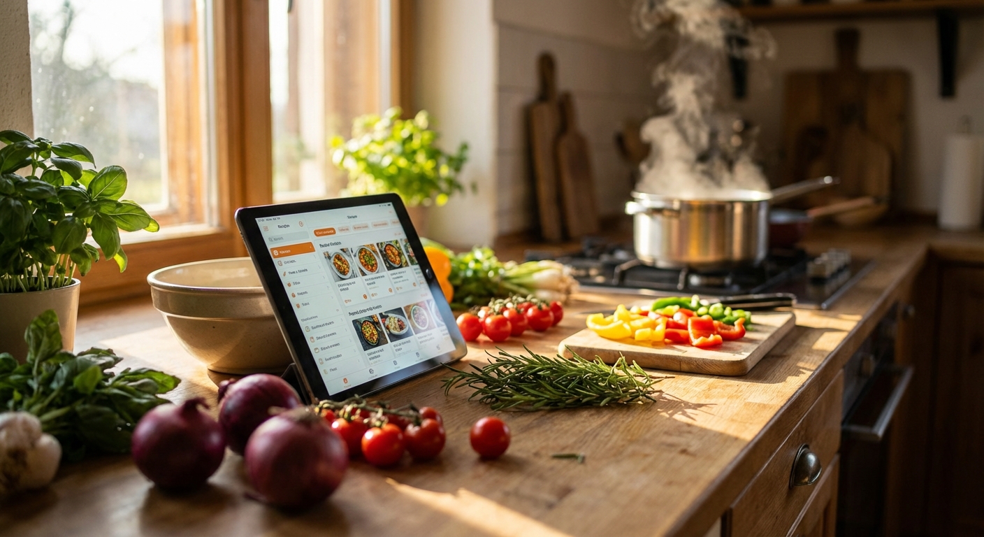 A cozy kitchen with a tablet showing recipes and fresh ingredients on the counter